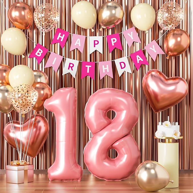 18th Birthday Decorations for Girls, Rose Gold and Black Party Supplies Set with Happy 18th Banner, Number 18 Balloon and Foil Fringe Curtains, 18 Year Old Kit