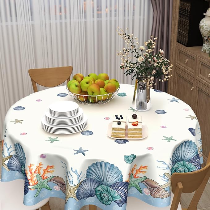 Summer Nautical Coastal Round Tablecloth 70 Inch Coral Shells Starfish Circle Table Cloth Blue Table Cover Washable Polyester Decorations for Kitchen Dinning Room Party