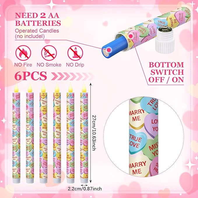 Honoson 6 Pcs Conversation Heart Decor 10.6 Inch Valentine Day Flameless Taper Candles Battery Operated LED Candlesticks for Conversation Hearts Party Valentine Wedding Anniversary Dinner Table Decor