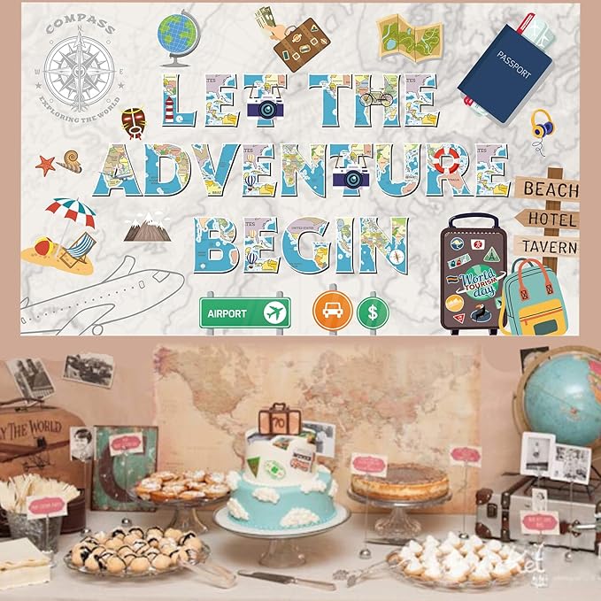 Colorful Let The Adventure Begin Backdrop Banner Photography Background for Retirement Farewell Going Away Leaving Goodbye Graduation Global Travel Theme Party Decoration Supplies 72.8*43.3in