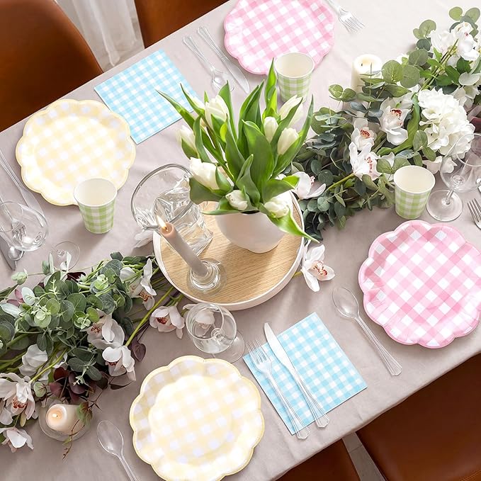 50 Sets Easter Spring Pastel Gingham Disposable Tableware Pink Yellow Paper Plates Green Cups Blue Napkins Clear Knives Forks Spoons for Birthday Baby Shower Wedding Party Decoration