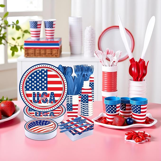 4th of July Party Supplies Tableware Set, 177 PCS Patriotic American Flag Paper Plate Disposable Set with tablecloths- Red Blue White USA Plates Napkins Cups, Forks Spoons for Picnic Barbecue