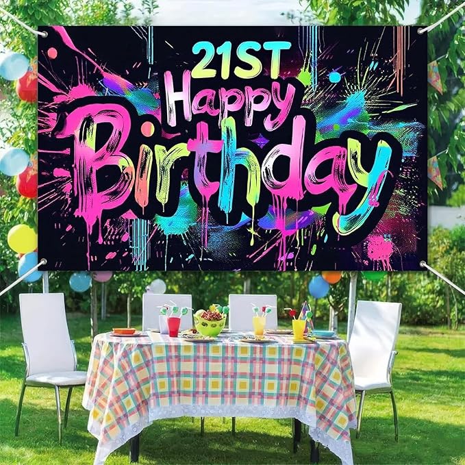 Neon 21st Happy Birthday Banner 71x43 Inch Paint Splatter Glow in The Dark Party Backdrop Colorful Wall Decor for Adults Boys Girls Twenty First Birthday Celebrations Props Event Supplies