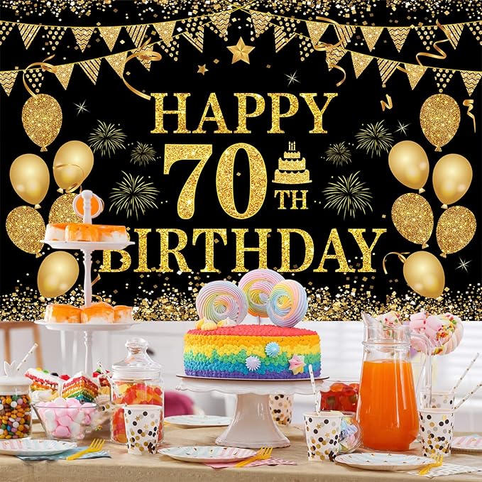70th Birthday Decorations Happy 70th Birthday Banner for Men Women Black Gold 70 Years Birthday Party Decorations Background for Home Birthday Decor(71 x 45 inch)