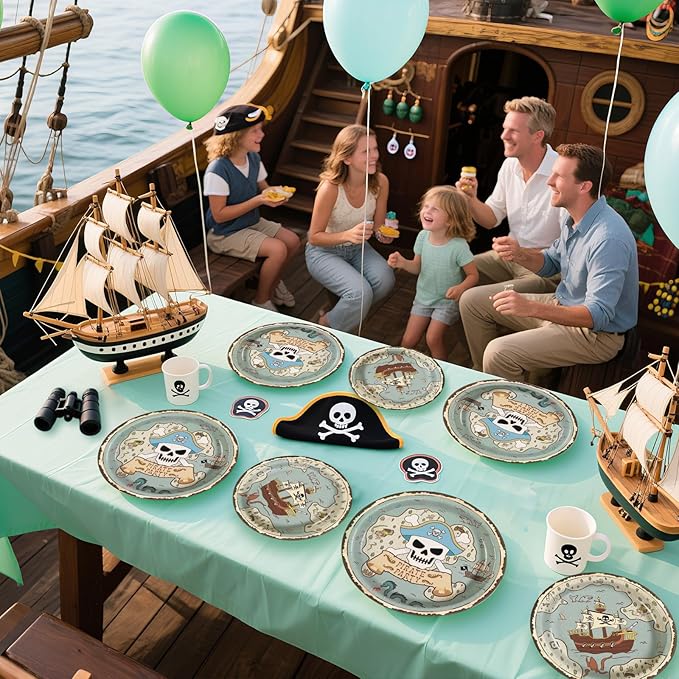 Grencian 96Pcs Pirate Party Supplies Vintage Treasure Map Ship Plates and Napkins Tableware Sets Light Green Pirate Children Theme Decoration for Baby Shower Birthday Theme Party Favors Serve 24