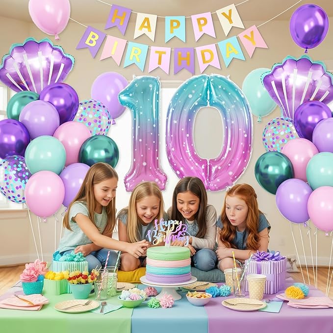 10th Mermaid Birthday Decoration,Metallic Purple Pink Green Blue Latex Balloons for Girls Party Decoration Number 10 Seashell Foil Balloons Banner Cake Topper Sea Decorations for 10 Year Old