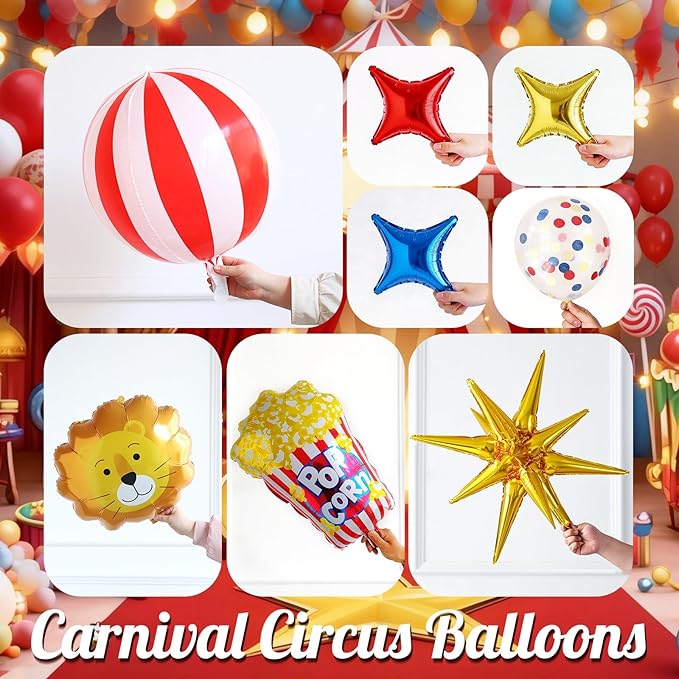 Carnival Circus Balloon Arch Kit,146Pcs Red Yellow Blue Balloon Garland with 4D Red White Stripe,Popcorn,Zebra,Lion,Explosion Star Foil Balloons for Birthday Carnival Circus Theme Party Decorations