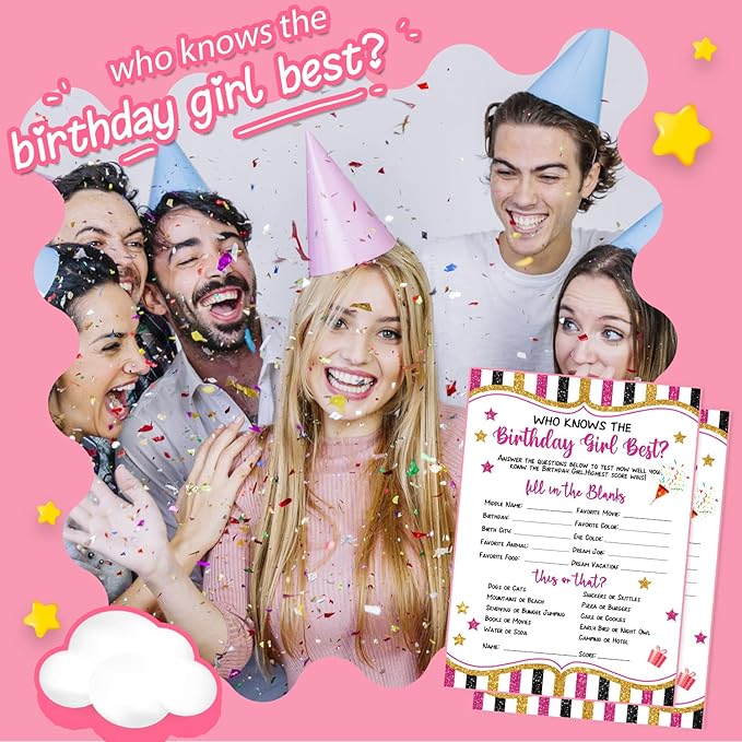ALodr 20 Pieces Who Knows The Birthday Girl Best Cards - Birthday Party Decor Card Set Girly Themed Party Activities and Idea - Girl Birthday Supplies, Activity, Decorations