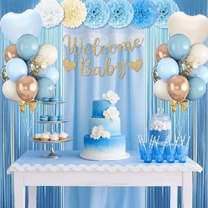 Dusty Blue Baby Shower Decorations for Boy,Welcome Baby Banner with Sand White Champagne Gold Balloons Fringe Curtains Paper Pom Poms Flowers Tassels for Boho Baby Shower Gender Reveal Party Supplies