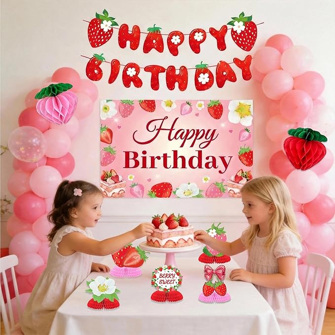 Strawberry Birthday Party Decorations,Strawberries Banner Backdrop Red Pink Fans Hanging Swirls honeycomb ball Pom Poms for Baby Shower Strawberrys Shortcake Party Supplies(Strawberry)