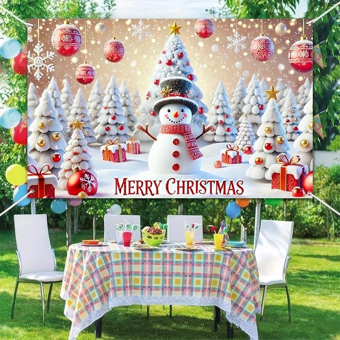 Christmas Banner Snowman Winter Wonderland Xmas Decoration Holiday Party Backdrop Merry Christmas White Tree Gift Red Ornaments Photo Prop Wall Display for Indoor Outdoor 71 X 43 Inches