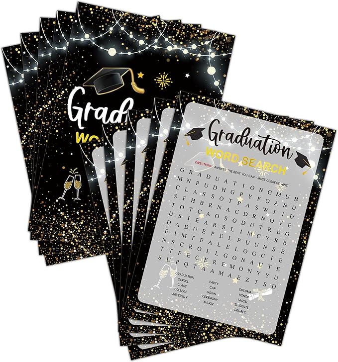 Graduation Party Games - Word Search Game Cards for The Graduate - Graduation Party Decorations 2024 - Gold & Black Grad Celebrations Party Supplies for High School/College - 30 Game Cards(G01)