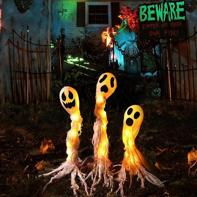 Halloween Decorations Outdoor: 3 Pack Lighted Up Ghost Yard Stakes, Spooky Ghosts Pathway Markers Lights Yard Decor, Battery Operated Trick or Treat Halloween Decor for Home Patio Lawn
