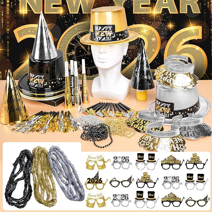 MOVINPE 2026 New Years Eve Party Supplies Bulk Serve 60 - New Year's Banner Backdrop Top Hats, Cone Hats, Tiara, Glasses, Bead Necklace, Leis, Horns, Blowouts, Noiese Makers, Event Party Favors
