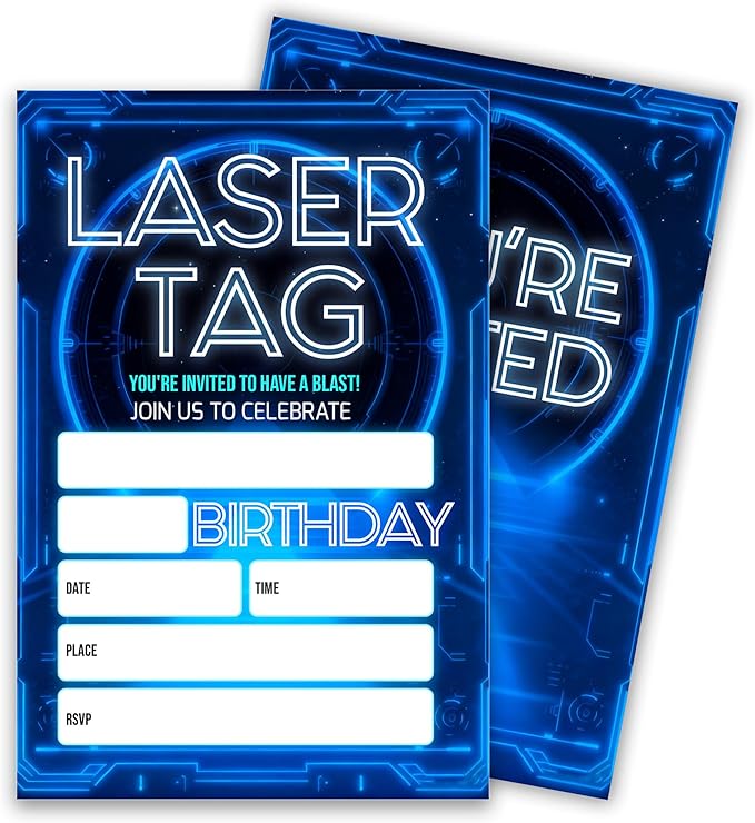 Laser Tag Birthday Party Invitations, Glow Neon Theme Invite Cards, 20 Count with Envelopes for Boys Girls Teen, 4 x 6 Double Sided Printed Fill In Blank Party Supplies- Blue