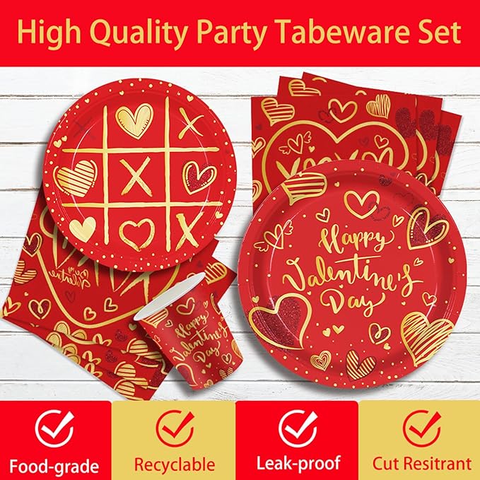 140Pcs Valentine's Day Party Supplies Tableware Set Red Heart Love Valentine's Day Paper Plates and Napkins Anniversary Wedding Party Decorations Couple Dating Dinner Plates, Serve for 20 Guest