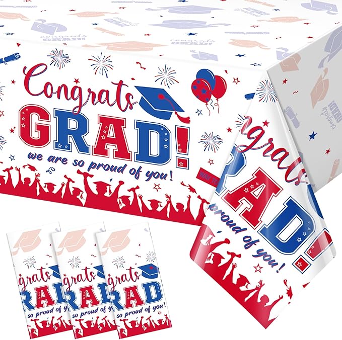 3 Pack Graduation Tablecloth Party Decorations, Class of 2026 Congrats Grad Plastic Tablecover Party Supplies, Blue and Red Rectangle Graduation Table Decor for College High School Party, 54x108Inch