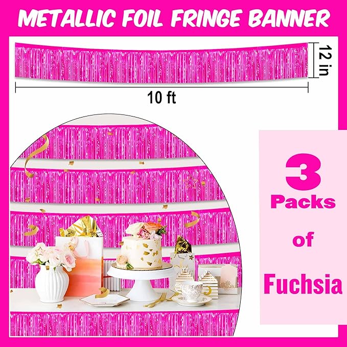 3 Pack 10 Ft Fuchsia Foil Fringe Garland Metallic Streamers Tinsel Banner Wall Hanging Garland Backdrop for Parade Floats, Halloween, Christmas, Thanksgiving, New Year Party Decorations