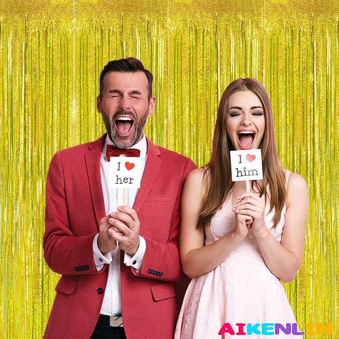 4 Pack 3.2Ft x 8.2Ft Gold Foil Fringe Curtain Backdrop, Metallic Tinsel Foil Fringe Streamers Curtains Background for Photo Booth, Birthday, Wedding, Disco, Bachelorette, Christmas Party Decoration