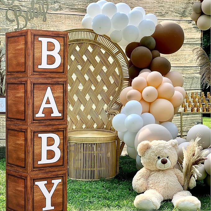 Baby Shower Boxes Party Decorations - 4 Wood Grain Brown Blocks with Baby Letter, Printed Letters,First Birthday Centerpiece Decor, Teddy Bear Baby Shower Supplies, Gender Reveal Backdrop