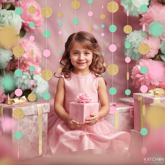 KatchOn, Circle Dots Paper Garland - 65 Feet, Pack of 5 | Colorful Birthday Garland for Pink Gold Birthday Decorations | Gold Hanging Decorations for Wedding, Baby Shower, Bridal, Classroom Decor
