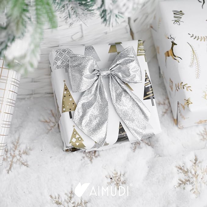 AIMUDI Silver Glitter Wired Ribbon Bows with Twist Tie 5.5" Premade Metallic Christmas Bows for Gift Wrapping, Wreath, Garland, Holiday Crafts Party Home Outdoor Christmas Tree Decorations, 12 PCs