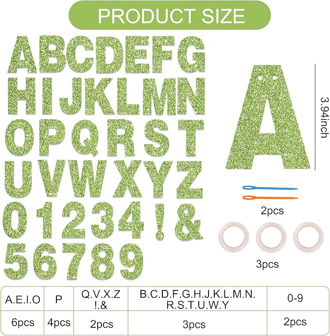 BEISHIDA 116 PCS A-Z DIY Letter Banner Kit Make Your Own Banner Glitter Grass green Including 111 Letters and Numbers 3 Rope and 9 Threading Device,Customized for Birthday Graduation Party Decor
