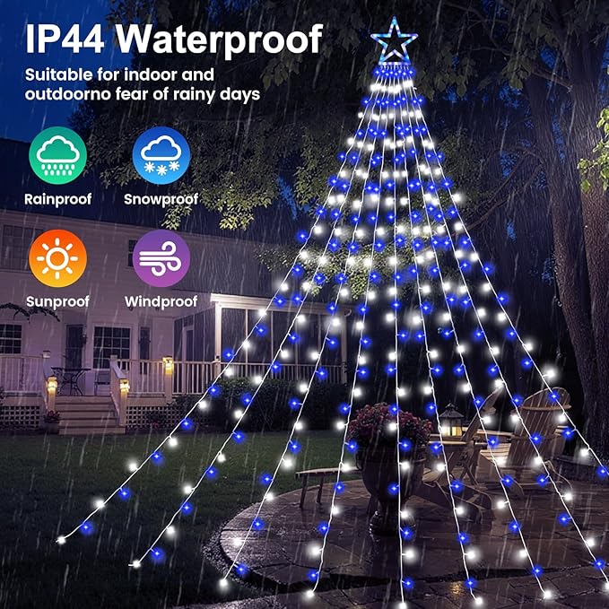 Christmas Decorations Outdoor,11.5 ft 317 LED Star Christmas Tree Lights,8 Memory Lighting Modes&Timer Star Light for Yard,Wedding,Party, Decorations(Blue+White)