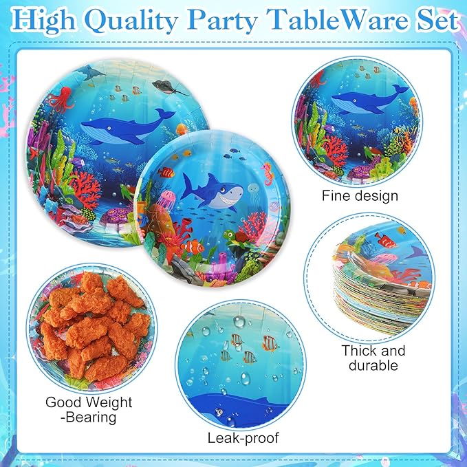 Pickmesh 250 Pcs Under the Sea Party Supplies Decorations Serve 50 Ocean Birthday Party Plates and Napkins Set Sea Animal Theme Disposable Paper Tableware Set Underwater Creatures Birthday Decorations