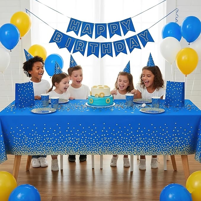 misaya 3 Packs Dot Disposable Table Cloth, 54 x 108 Inch Waterproof Plastic Tablecloth, Rectangle Gold Dots in Blue Table Covers for Easter, Picnic, Birthday, Party