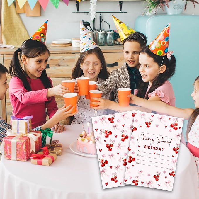 Cherry Sweet Birthday Party Invitations - 20-Pack of 4''x6'' Cherry & Bow Invite Cards with Envelopes, Double-Sided Fill In Birthday Party Celebrate Supplies & Decoration For Girls Women Teens - A02