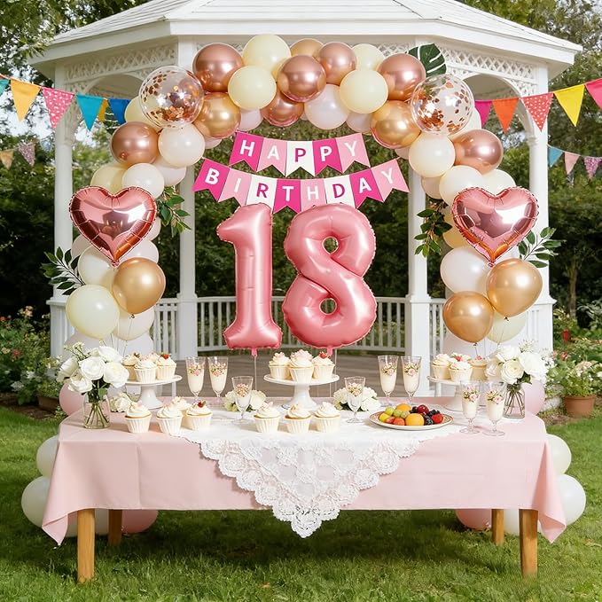 18th Birthday Decorations for Girls, Rose Gold and Black Party Supplies Set with Happy 18th Banner, Number 18 Balloon and Foil Fringe Curtains, 18 Year Old Kit