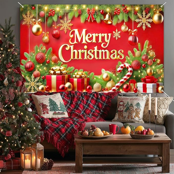 Merry Christmas Backdrop 71x43 Inches Red and Gold Gift Box Scene Banner Holiday Party Photography Background Indoor Outdoor Christmas Decorations for Wall or Door