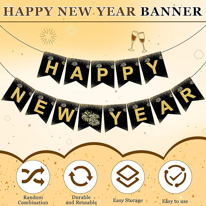 OHOME New Years Decorations 2026 - Happy New Year Banner - New Years Eve Party Supplies - Happy New Year Decorations 2026 Eve Decorations