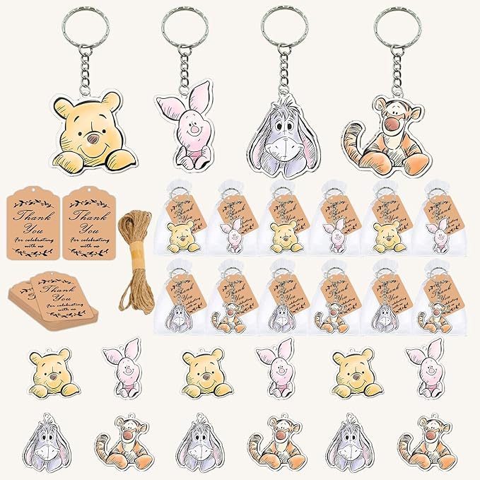 72pcs Winnie Baby Shower Decorations, Thank You Winnie Keychain for Party, 24 Acrylic Keychains, 24 Tags, 24 Gift Bags for Winnie Themed Party