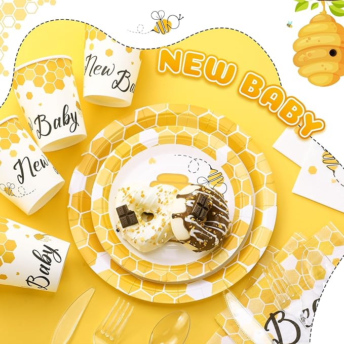 350 Pcs Bee Party Tableware for 50 Guests Baby Shower Bee Paper Plates Disposable Napkins Cups Plastic Knives Fork Spoon for Birthday Wedding