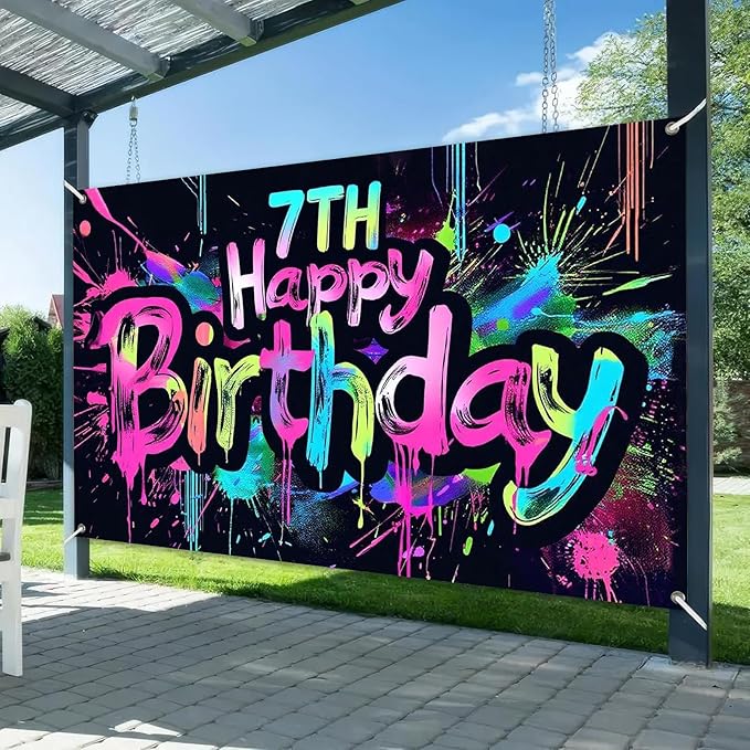 Neon 7th Happy Birthday Banner 71x43 Inch Paint Splatter Glow in The Dark Party Backdrop Colorful Wall Decor for Kids Boys Girls Seventh Birthday Celebrations Photo Booth Props Event