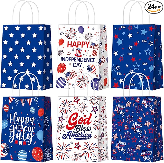 24 Pcs Patriotic 4th of July Gift Bags with Handle American Flag Party Favor Bags Memorial Day Treat Goodie Boxes for 250th Anniversary Independence Day Veterans Red White and Blue Supplies