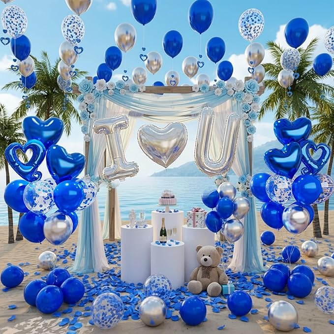 Bonropin I Love You for Him/Her Balloons Royal Blue and Sliver balloon kit with 24/18in Heart Shaped Foil Balloons and 400pcs Blue Artificial Rose Petals for Valentines Party Romantic Decoration