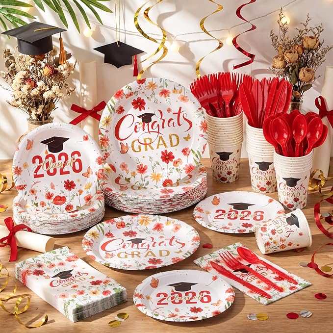 400 Pcs Class of 2026 Red Floral Graduation Decorations for 50 Guests, Red Gold Flower Graduation Paper Plates Napkins and Cups Cutlery Grad Tableware for 2026 Congrats Grad Party Supply