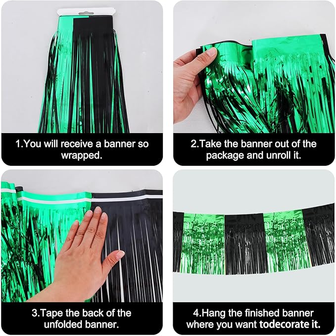 BEISHIDA 3 Packs Metallic Foil Fringe Garland Black Green Wall Hanging Tinsel Fringe Banners for Car Floats Bridal Shower Wedding Birthday Graduation Holiday Party Decoration(30 Feet)