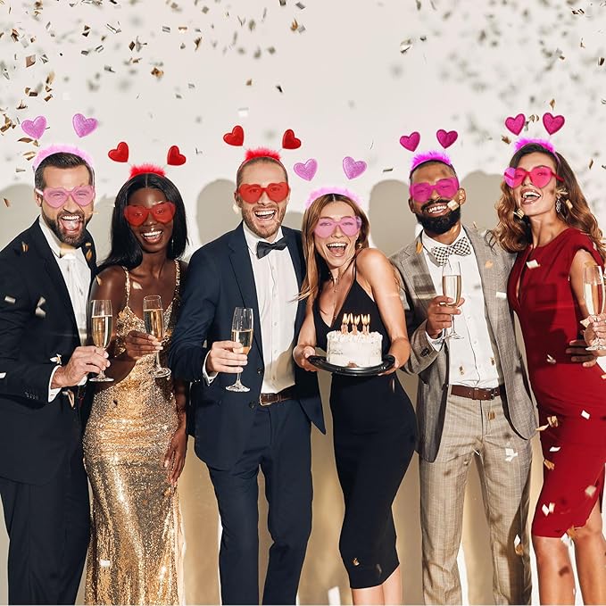 48 Pcs Red Love Heart Bopper Glitter Headbands and Heart Sunglasses, Wedding Party Pink Eyeglasses for Decor