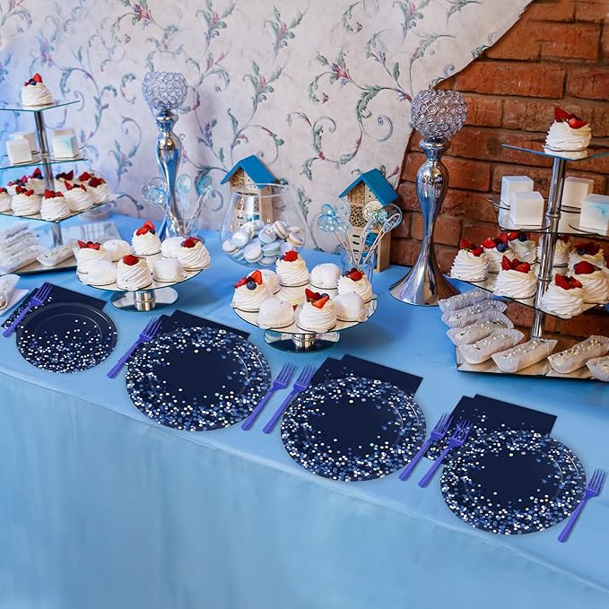 96 Pcs Blue and Silver Party Supplies Dot Confetti Paper Plates Sparkly Glitter Theme Party Decoration Confetti Party Tableware Set Bridal Shower Birthday Party Paper Plate Napkin Fork 24 Guests