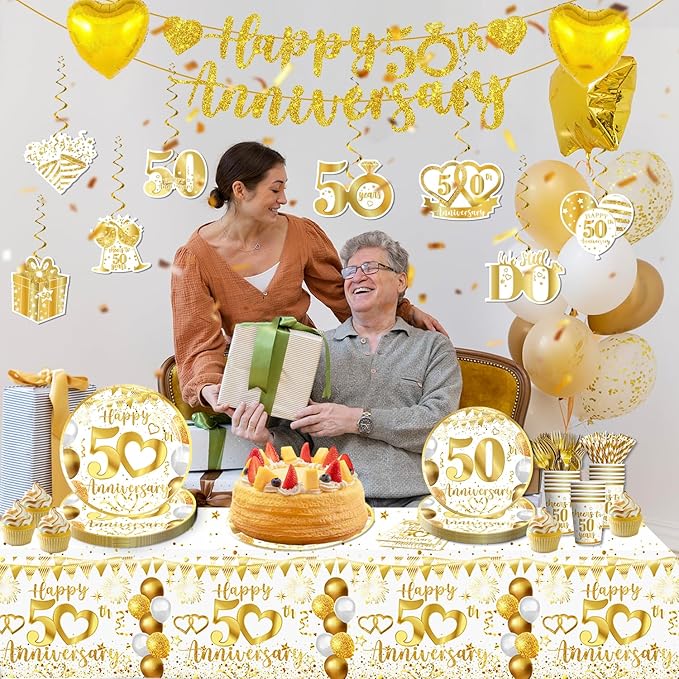 cocomigo 162pc 50th Anniversary Decorations - Tableware Set with Plates, Napkins, Banner, Tablecloth, Balloons - Serves 25