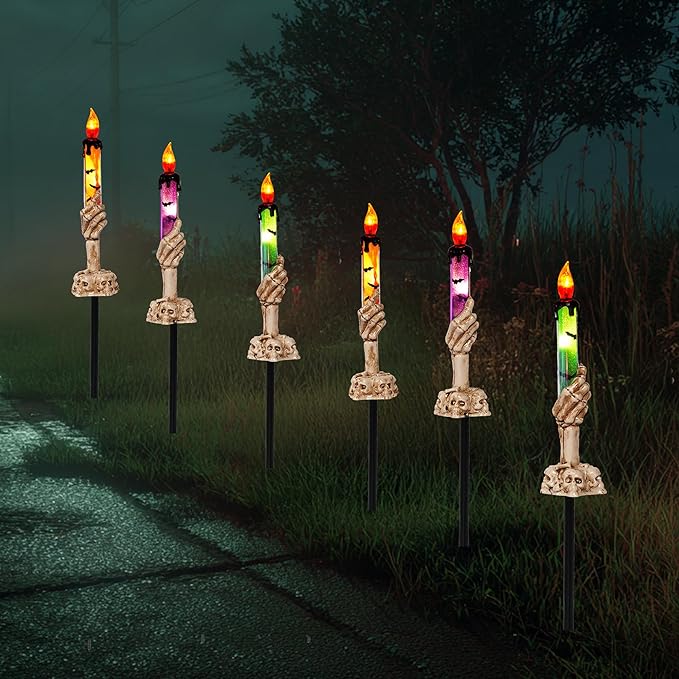 Hourleey Halloween Decorations, 10 Pack Skull Candle Lights with Stakes, Battery Operated Waterproof Pathway Decor with Timer for Indoor Outdoor Front Pathway Lawn Yard Garden