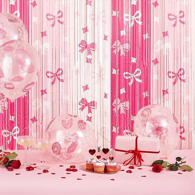 MYUPDALIN 2 Pack Pink Bow Foil Fringe Tinsel Backdrop Party Decorations for Bow Birthday Decoration Coquette Shower Wedding Girl Bows Theme Party Decor