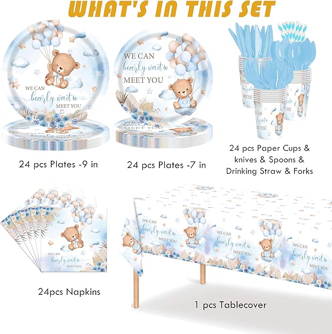 Bear Baby Shower Decorations for Boy – 193 Pcs We Can Bearly Wait Party Supplies for 24 Guests, Includes Plates, Napkins, Cutlery, Tablecloth – Blue Bear Theme Baby Shower Decor