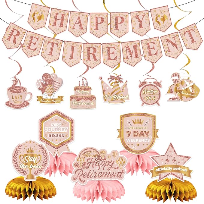 12Pcs Retirement Party Decorations for Men Women Rose Gold Happy Retirement Banner Honeycomb Centerpiece Swirls Party Supplies Retired Farewell Party Set Work Graduation Party Decorations