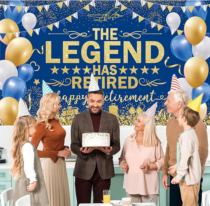 Blue Gold The Legend Has Retired Banner Backdrop Photography Background Hanging Happy Retirement Party Decoration for Men Women Office Colleagues Farewell Accessories Supplies 72.8 * 43.3in