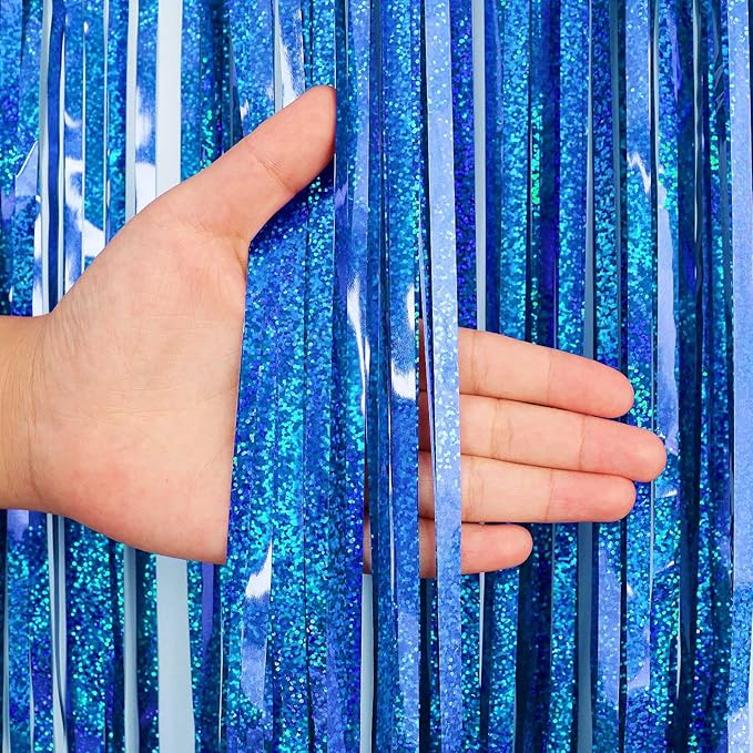 Blue Tinsel Foil Fringe Curtain Backdrop, 3.3 x 8.2 ft Metallic Glitter Curtain Streamers, 2 Pack Royal Blue Photoboth for Birthday Ocean Sea Party Decorations